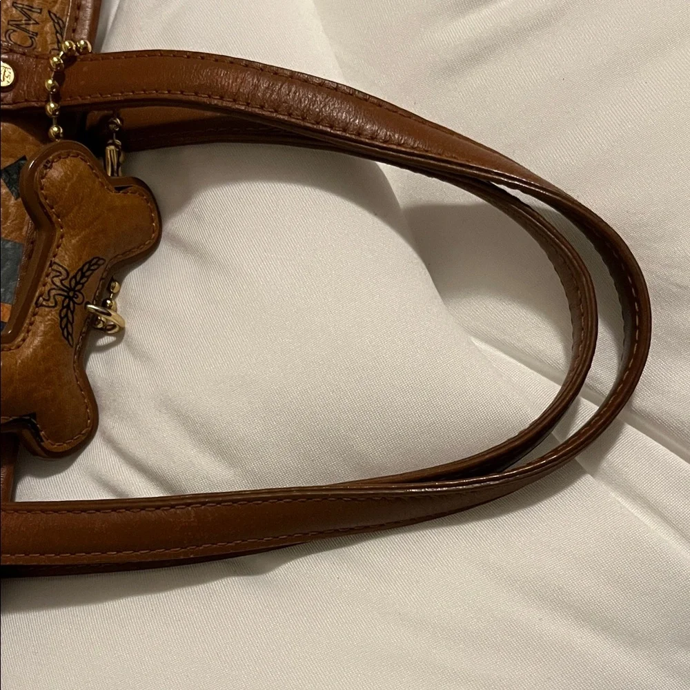 MCM Cognac Brown Visetos Small Tote with Navy and Orange Stripes